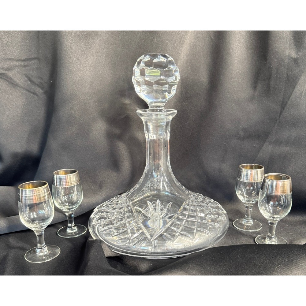 Crystal Ship's Decanter and Silver Rim cordial Glasses Set,  holiday vintage